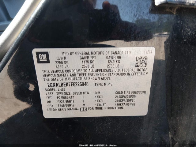 2015 Chevrolet Equinox Lt მანქანა იყიდება აუქციონზე, vin: 2GNALBEK7F6226948, აუქციონის ნომერი: 45971548