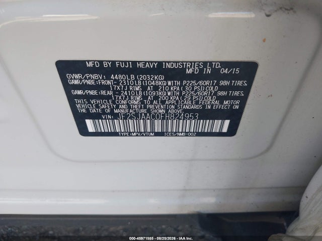 Aukcja sprzedaży 2015 Subaru Forester 2.5i, vin: JF2SJAAC0FH824953, numer aukcji: 45971555