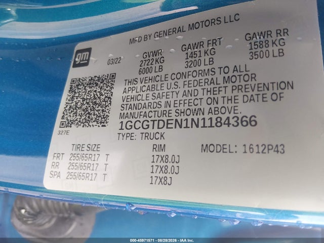 Aukcja sprzedaży 2022 Chevrolet Colorado, vin: 1GCGTDEN1N1184366, numer aukcji: 45971571