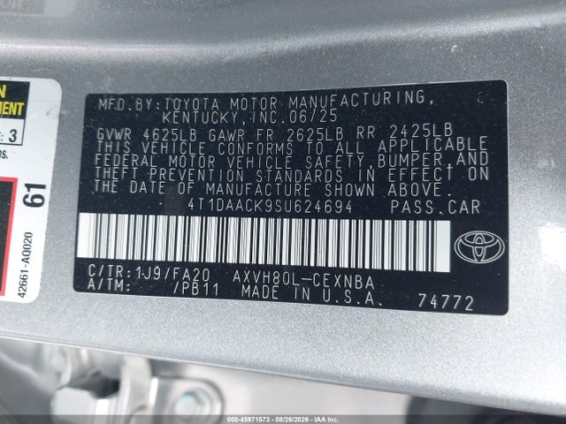 2025 Toyota Camry Le მანქანა იყიდება აუქციონზე, vin: 4T1DAACK9SU624694, აუქციონის ნომერი: 45971573
