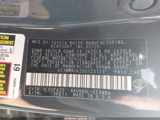 2025 Toyota Camry Le მანქანა იყიდება აუქციონზე, vin: 4T1DAACK2SU123131, აუქციონის ნომერი: 45971581