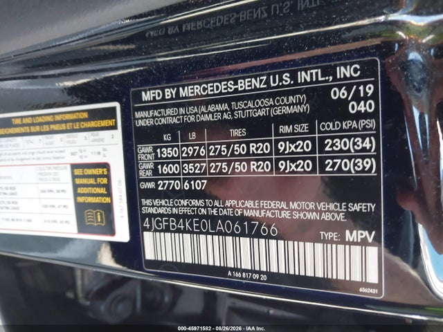 45971582 :رقم المزاد ، 4JGFB4KE0LA061766 vin ، 2020 Mercedes-benz Gle 350 4matic مزاد بيع