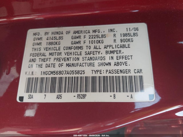 2007 Honda Accord 2.4 Ex მანქანა იყიდება აუქციონზე, vin: 1HGCM56807A055825, აუქციონის ნომერი: 45971584