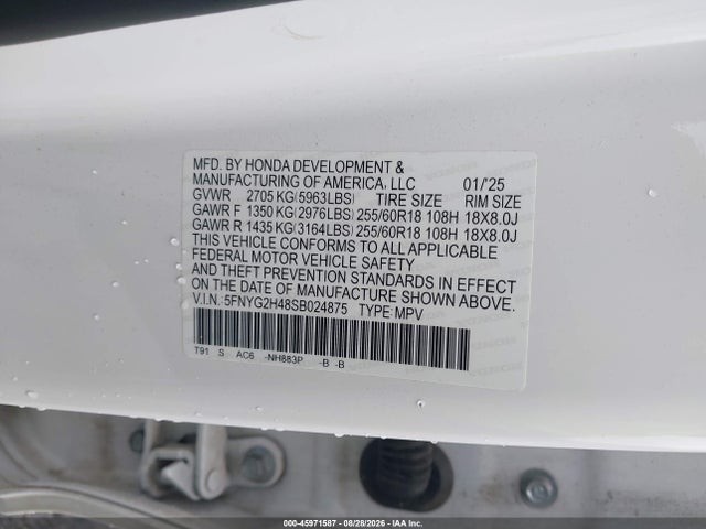 45971587 :رقم المزاد ، 5FNYG2H48SB024875 vin ، 2025 Honda Pilot Ex-l مزاد بيع