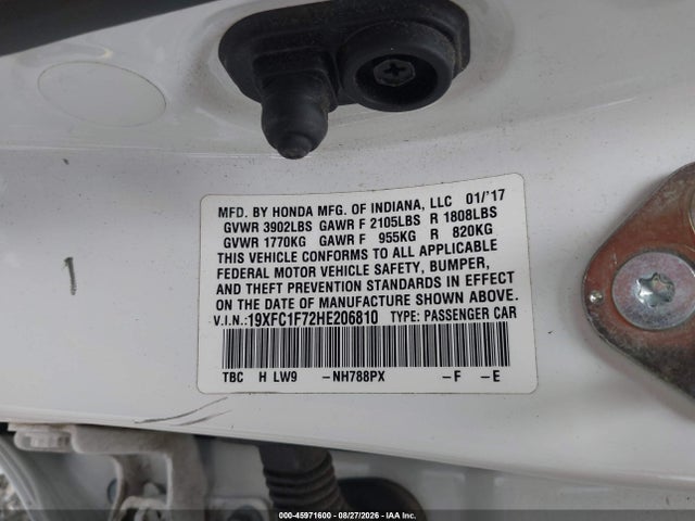 45971600 :رقم المزاد ، 19XFC1F72HE206810 vin ، 2017 Honda Civic Ex-l مزاد بيع