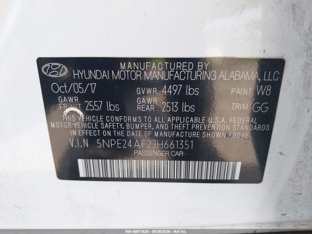2018 Hyundai Sonata Se მანქანა იყიდება აუქციონზე, vin: 5NPE24AF2JH661351, აუქციონის ნომერი: 45971625