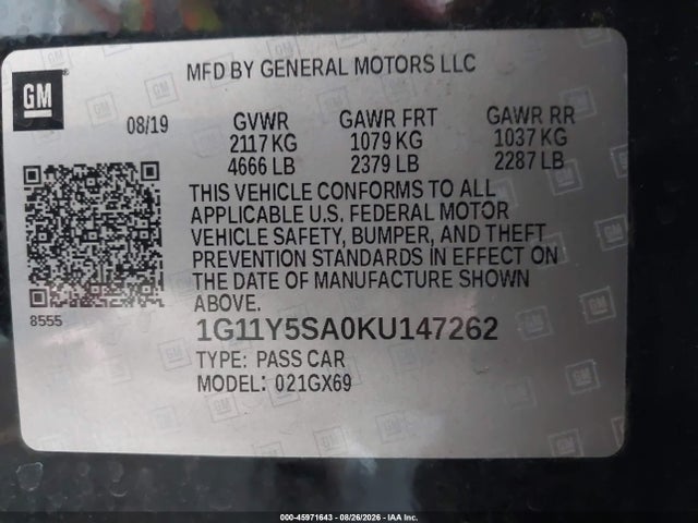 Aukcja sprzedaży 2019 Chevrolet Impala Ls, vin: 1G11Y5SA0KU147262, numer aukcji: 45971643