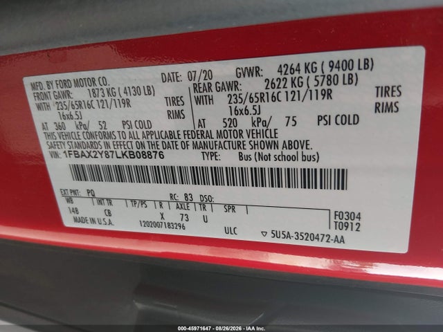 Продажа на аукционе авто 2020 Ford Transit-350 Passenger Van Xl, vin: 1FBAX2Y87LKB08876, номер лота: 45971647