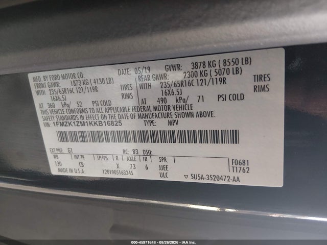 Продажа на аукционе авто 2019 Ford Transit-150 Xl, vin: 1FMZK1ZM1KKB16825, номер лота: 45971648
