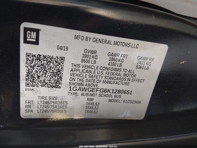 Aukcja sprzedaży 2019 Chevrolet Express 2500 Ls, vin: 1GAWGEFG6K1280651, numer aukcji: 45971649