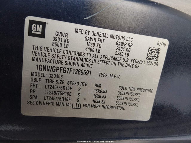 Aukcja sprzedaży 2015 Chevrolet Express 2500 Ls, vin: 1GNWGPFG7F1269691, numer aukcji: 45971650