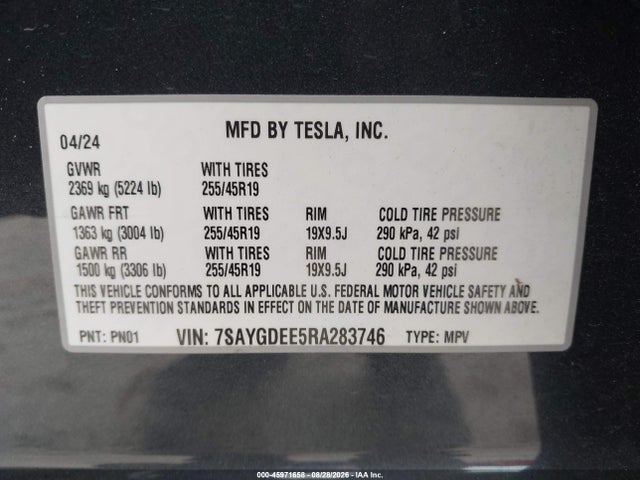 Продаж на аукціоні авто 2024 Tesla Model Y Long Range Dual Motor All-wheel Drive, vin: 7SAYGDEE5RA283746, номер лоту: 45971658