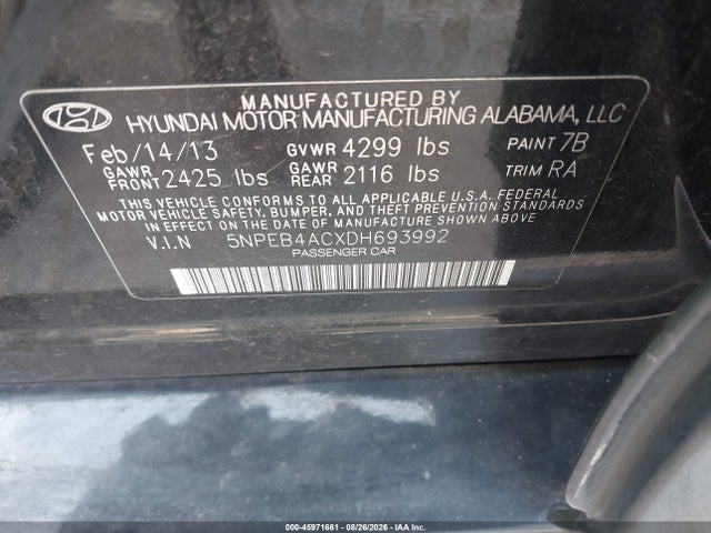 2013 Hyundai Sonata Gls მანქანა იყიდება აუქციონზე, vin: 5NPEB4ACXDH693992, აუქციონის ნომერი: 45971661