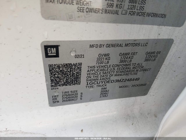 Продаж на аукціоні авто 2021 Chevrolet Silverado 1500 4wd  Short Bed Lt, vin: 1GCUYDED3MZ248449, номер лоту: 45971673