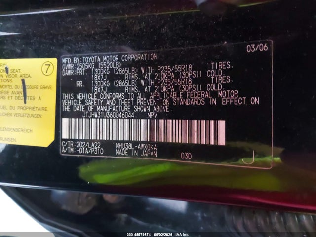 45971674 :رقم المزاد ، JTJHW31U360046044 vin ، 2006 Lexus Rx 400h مزاد بيع