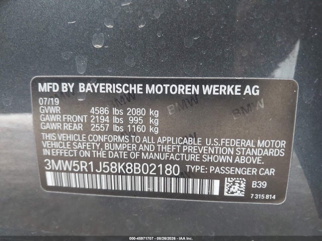 Продажа на аукционе авто 2019 Bmw 330i, vin: 3MW5R1J58K8B02180, номер лота: 45971707