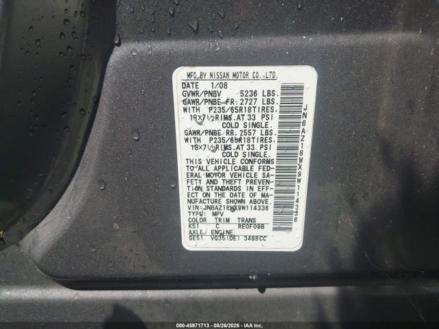 45971713 :رقم المزاد ، JN8AZ18WX9W114336 vin ، 2009 Nissan Murano S مزاد بيع