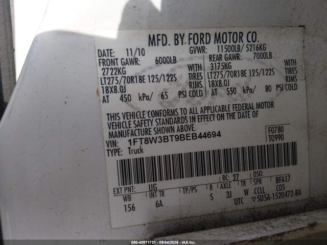 2011 Ford F-350 Lariat მანქანა იყიდება აუქციონზე, vin: 1FT8W3BT9BEB44694, აუქციონის ნომერი: 45971731