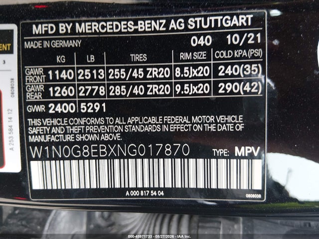 Aukcja sprzedaży 2022 Mercedes-benz Glc 300 4matic Suv, vin: W1N0G8EBXNG017870, numer aukcji: 45971733