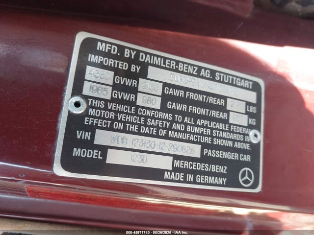 Aukcja sprzedaży 1983 Mercedes-benz B, vin: WDB12313012296828, numer aukcji: 45971740