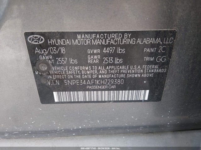 Aukcja sprzedaży 2019 Hyundai Sonata Sel, vin: 5NPE34AF1KH729380, numer aukcji: 45971745