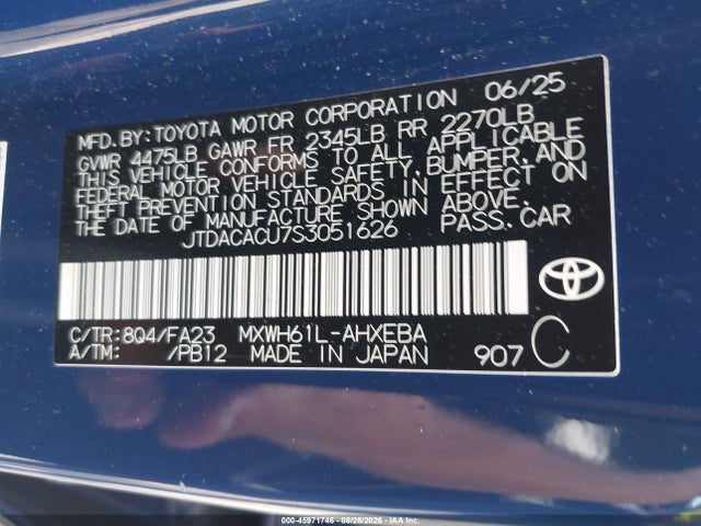 2025 Toyota Prius Plug-in Hybrid Se მანქანა იყიდება აუქციონზე, vin: JTDACACU7S3051626, აუქციონის ნომერი: 45971746