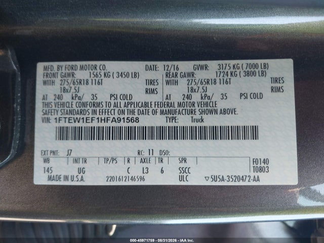 2017 Ford F-150 Xlt მანქანა იყიდება აუქციონზე, vin: 1FTEW1EF1HFA91568, აუქციონის ნომერი: 45971759