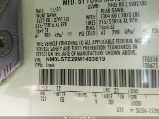 45971765 :رقم المزاد ، NM0LS7E29M1493619 vin ، 2021 Ford Transit Connect Xl Cargo Van مزاد بيع