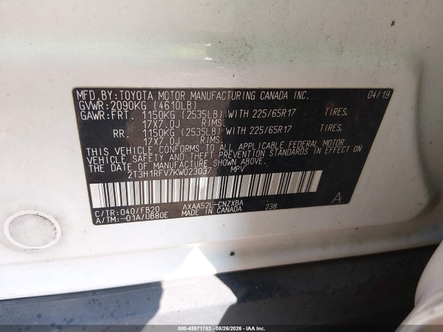 Продажа на аукционе авто 2019 Toyota Rav4 Le, vin: 2T3H1RFV7KW023037, номер лота: 45971783