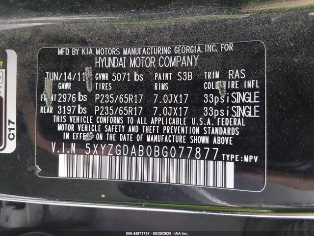 Продажа на аукционе авто 2011 Hyundai Santa Fe Gls, vin: 5XYZGDAB0BG077877, номер лота: 45971797