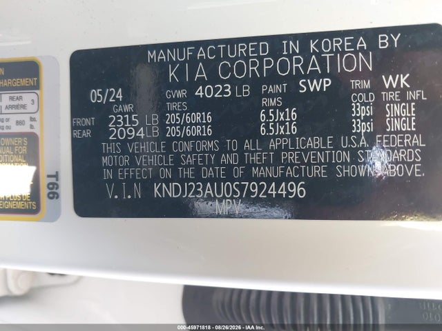 45971818 :رقم المزاد ، KNDJ23AU0S7924496 vin ، 2025 Kia Soul Lx مزاد بيع