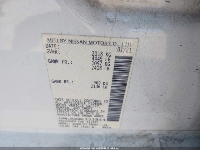 45971824 :رقم المزاد ، 1N4BL4CW5MN353954 vin ، 2021 Nissan Altima Sr Intelligent Awd مزاد بيع