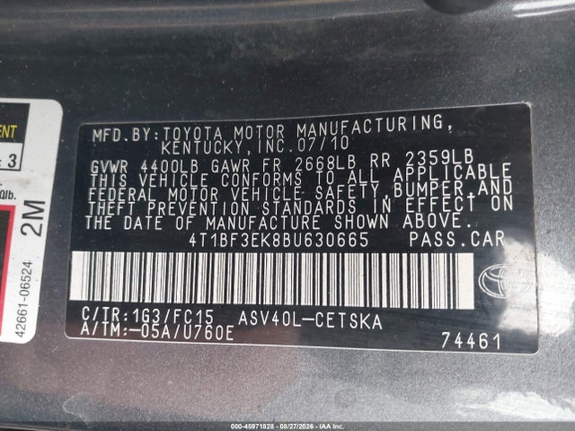 2011 Toyota Camry Se მანქანა იყიდება აუქციონზე, vin: 4T1BF3EK8BU630665, აუქციონის ნომერი: 45971828
