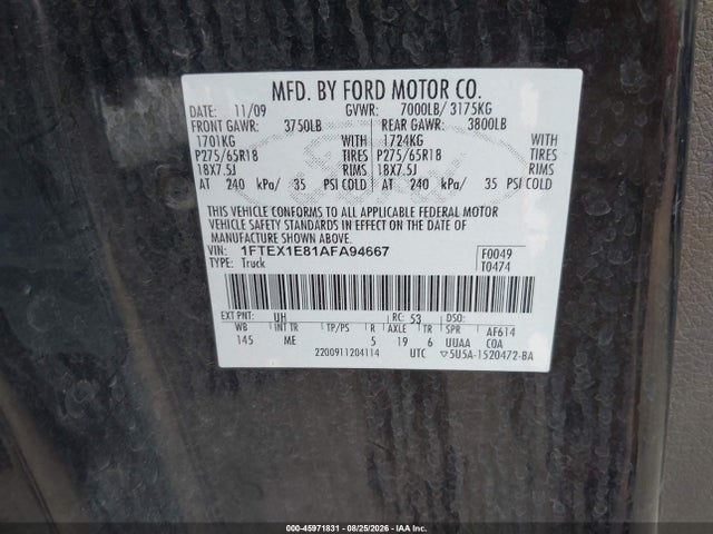 45971831 :رقم المزاد ، 1FTEX1E81AFA94667 vin ، 2010 Ford F-150 Xlt مزاد بيع