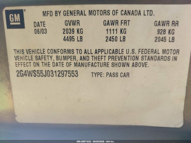 2003 Buick Century Custom მანქანა იყიდება აუქციონზე, vin: 2G4WS55J031297553, აუქციონის ნომერი: 45971832