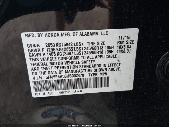 Продаж на аукціоні авто 2017 Honda Pilot Ex-l, vin: 5FNYF6H56HB002479, номер лоту: 45971837