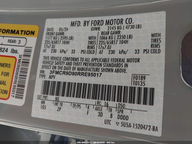 45971871 :رقم المزاد ، 3FMCR9D90RRE95017 vin ، 2024 Ford Bronco Sport Badlands مزاد بيع