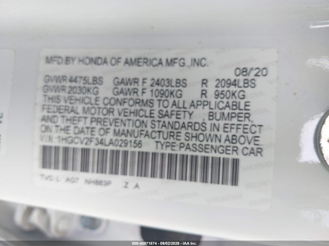 1HGCV2F34LA029156 Honda Accord Sport 2.0t
