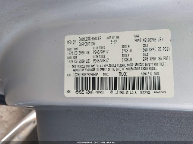 Aukcja sprzedaży 2007 Dodge Ram 1500 St/slt, vin: 1D7HU18N37S236384, numer aukcji: 45971885