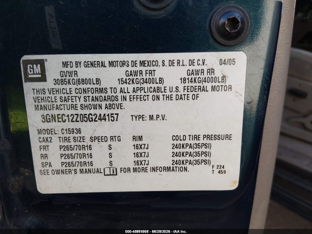 Aukcja sprzedaży 2005 Chevrolet Avalanche 1500 Ls, vin: 3GNEC12Z05G244157, numer aukcji: 45971907