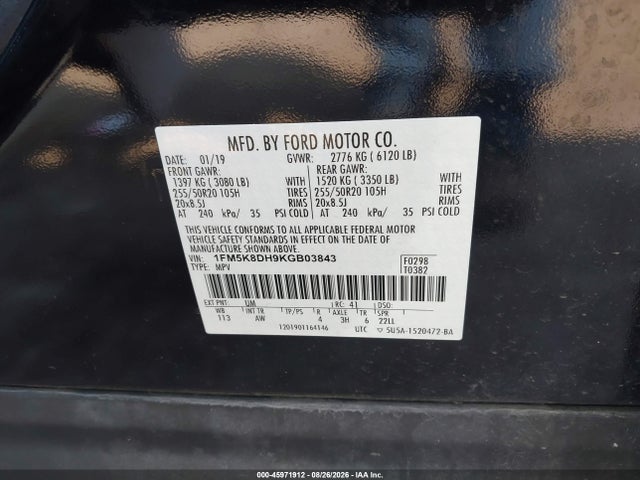 Aukcja sprzedaży 2019 Ford Explorer Xlt, vin: 1FM5K8DH9KGB03843, numer aukcji: 45971912