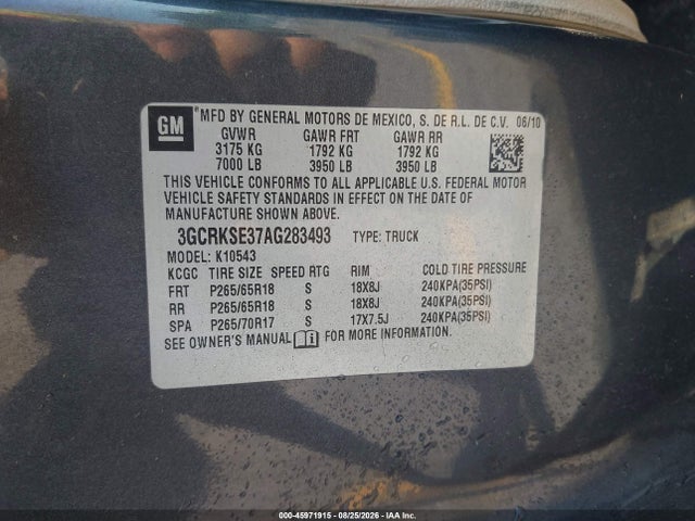45971915 :رقم المزاد ، 3GCRKSE37AG283493 vin ، 2010 Chevrolet Silverado 1500 Lt مزاد بيع
