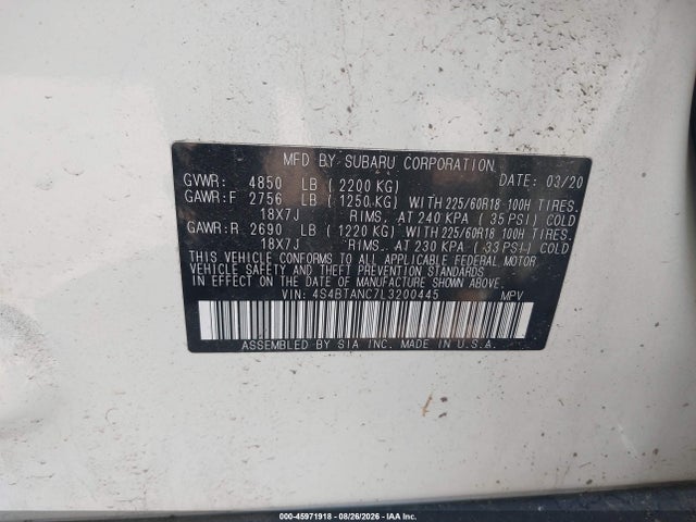45971918 :رقم المزاد ، 4S4BTANC7L3200445 vin ، 2020 Subaru Outback Limited مزاد بيع