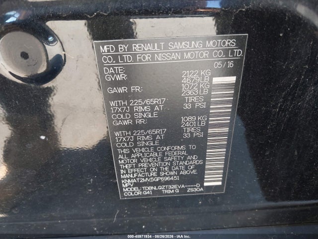 Aukcja sprzedaży 2016 Nissan Rogue Sv, vin: KNMAT2MV5GP696451, numer aukcji: 45971934