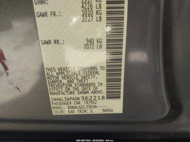 Продажа на аукционе авто 2016 Nissan Altima 2.5/2.5 S/2.5 Sl/2.5 Sr/2.5 Sv, vin: 1N4AL3APXGN362218, номер лота: 45971935