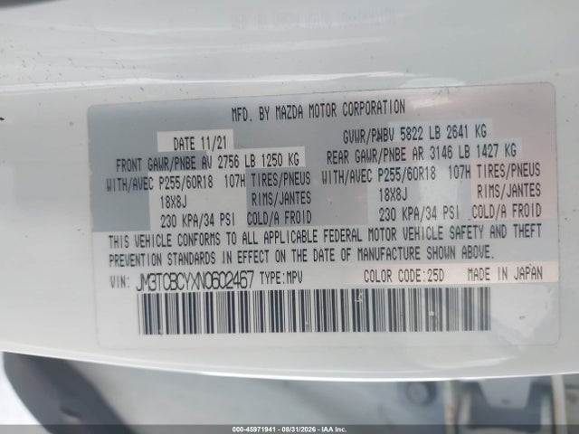 Aukcja sprzedaży 2022 Mazda Cx-9 Touring, vin: JM3TCBCYXN0602467, numer aukcji: 45971941