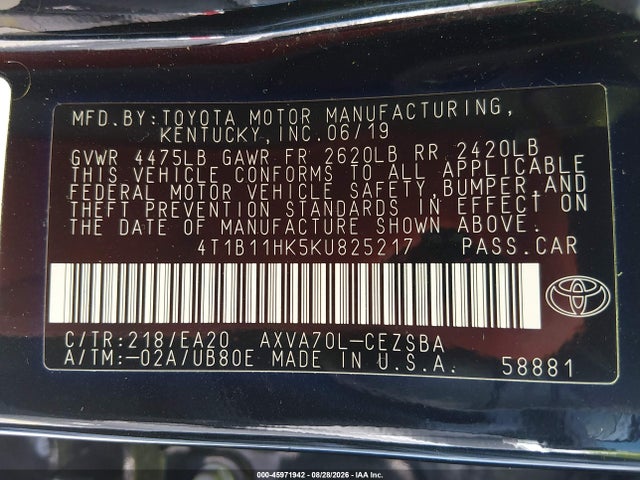 Aukcja sprzedaży 2019 Toyota Camry Se, vin: 4T1B11HK5KU825217, numer aukcji: 45971942