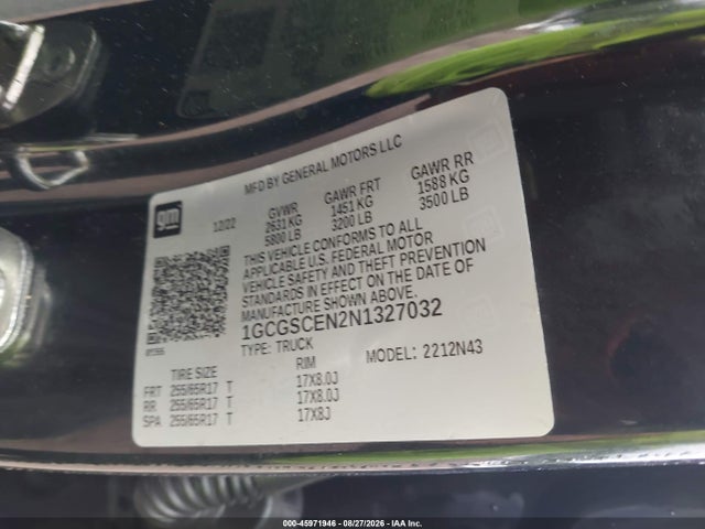 45971946 :رقم المزاد ، 1GCGSCEN2N1327032 vin ، 2022 Chevrolet Colorado 2wd  Short Box Lt مزاد بيع