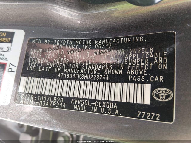 2017 Toyota Camry Hybrid Xle მანქანა იყიდება აუქციონზე, vin: 4T1BD1FK8HU228744, აუქციონის ნომერი: 45971962