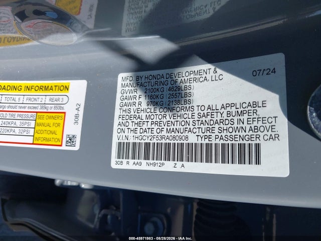 Aukcja sprzedaży 2024 Honda Accord Hybrid Sport, vin: 1HGCY2F53RA080908, numer aukcji: 45971983